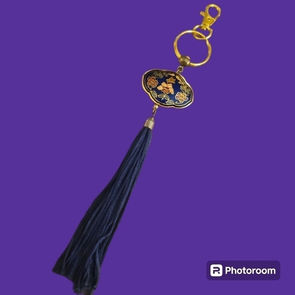 Vintage Double Sided Floral Cloisonne Tassel Purse Charm Key Ring